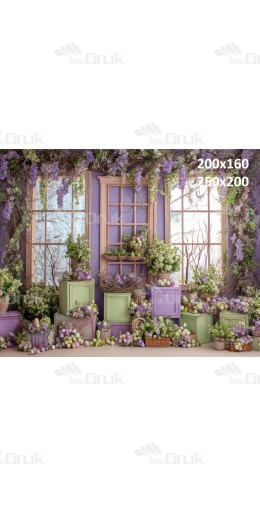 Tło fotograficzne „Pastelowe okna z lawendową girlandą i wielkanocnymi dekoracjami” | E646